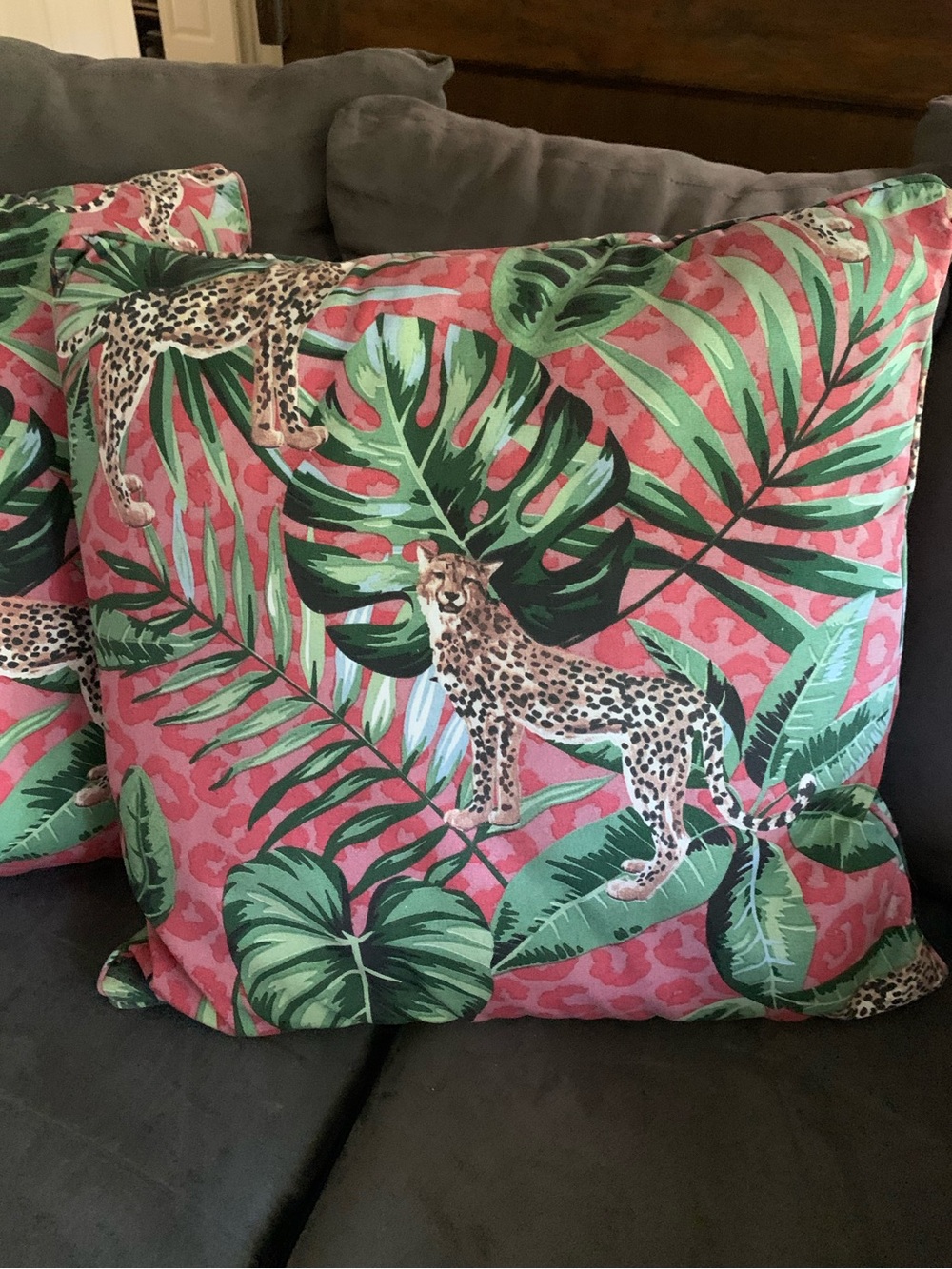 Pair of Madison Outdoors Tropical Leopard Accent Pillows in Pink and Green